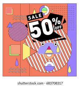 Summer sale memphis style web banner. Fashion and travel discount. Vector holiday Abstract colorful illustration with special offers and promotion.