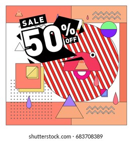 Summer sale memphis style web banner. Fashion and travel discount. Vector holiday Abstract colorful illustration with special offers and promotion.