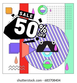Summer sale memphis style web banner. Fashion and travel discount. Vector holiday Abstract colorful illustration with special offers and promotion.