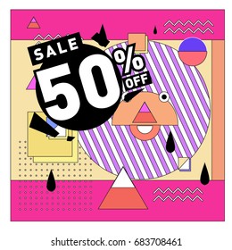 Summer sale memphis style web banner. Fashion and travel discount. Vector holiday Abstract colorful illustration with special offers and promotion.