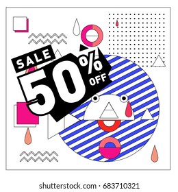Summer sale memphis style web banner. Fashion and travel discount. Vector holiday Abstract colorful illustration with special offers and promotion.