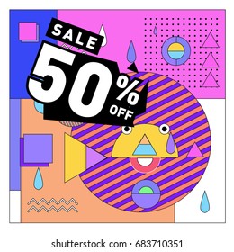 Summer sale memphis style web banner. Fashion and travel discount. Vector holiday Abstract colorful illustration with special offers and promotion.