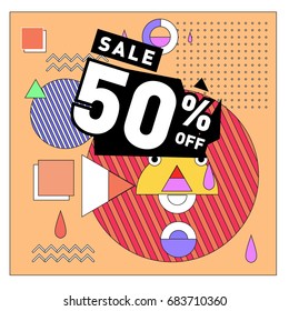 Summer sale memphis style web banner. Fashion and travel discount. Vector holiday Abstract colorful illustration with special offers and promotion.