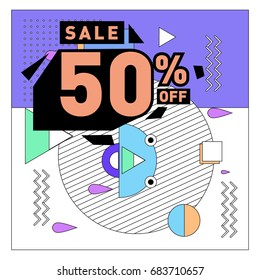 Summer sale memphis style web banner. Fashion and travel discount. Vector holiday Abstract colorful illustration with special offers and promotion.