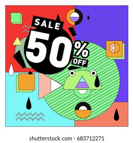 Summer sale memphis style web banner. Fashion and travel discount. Vector holiday Abstract colorful illustration with special offers and promotion.