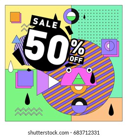 Summer sale memphis style web banner. Fashion and travel discount. Vector holiday Abstract colorful illustration with special offers and promotion.