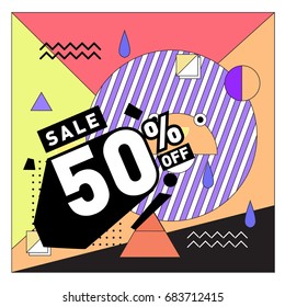 Summer sale memphis style web banner. Fashion and travel discount. Vector holiday Abstract colorful illustration with special offers and promotion.