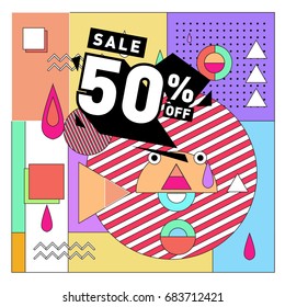 Summer sale memphis style web banner. Fashion and travel discount. Vector holiday Abstract colorful illustration with special offers and promotion.