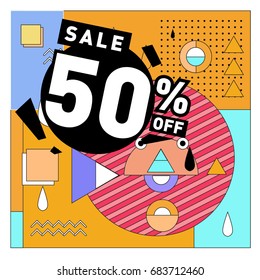 Summer sale memphis style web banner. Fashion and travel discount. Vector holiday Abstract colorful illustration with special offers and promotion.