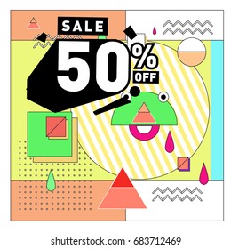 Summer sale memphis style web banner. Fashion and travel discount. Vector holiday Abstract colorful illustration with special offers and promotion.