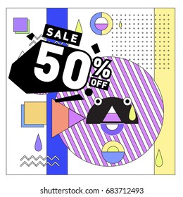 Summer sale memphis style web banner. Fashion and travel discount. Vector holiday Abstract colorful illustration with special offers and promotion.