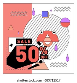 Summer sale memphis style web banner. Fashion and travel discount. Vector holiday Abstract colorful illustration with special offers and promotion.