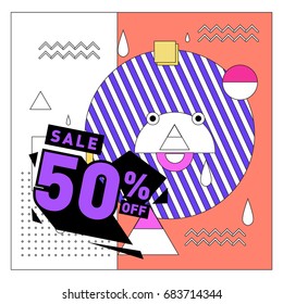 Summer sale memphis style web banner. Fashion and travel discount. Vector holiday Abstract colorful illustration with special offers and promotion.