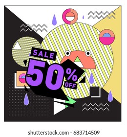 Summer sale memphis style web banner. Fashion and travel discount. Vector holiday Abstract colorful illustration with special offers and promotion.