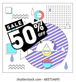 Summer sale memphis style web banner. Fashion and travel discount. Vector holiday Abstract colorful illustration with special offers and promotion.