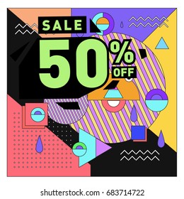 Summer sale memphis style web banner. Fashion and travel discount. Vector holiday Abstract colorful illustration with special offers and promotion.