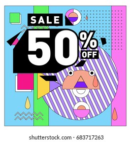 Summer sale memphis style web banner. Fashion and travel discount. Vector holiday Abstract colorful illustration with special offers and promotion.
