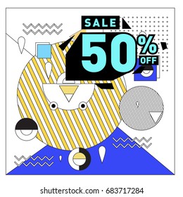 Summer sale memphis style web banner. Fashion and travel discount. Vector holiday Abstract colorful illustration with special offers and promotion.