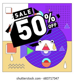 Summer sale memphis style web banner. Fashion and travel discount. Vector holiday Abstract colorful illustration with special offers and promotion.