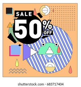 Summer sale memphis style web banner. Fashion and travel discount. Vector holiday Abstract colorful illustration with special offers and promotion.