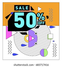 Summer sale memphis style web banner. Fashion and travel discount. Vector holiday Abstract colorful illustration with special offers and promotion.