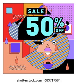 Summer sale memphis style web banner. Fashion and travel discount. Vector holiday Abstract colorful illustration with special offers and promotion.