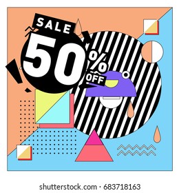 Summer sale memphis style web banner. Fashion and travel discount. Vector holiday Abstract colorful illustration with special offers and promotion.
