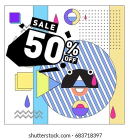 Summer sale memphis style web banner. Fashion and travel discount. Vector holiday Abstract colorful illustration with special offers and promotion.