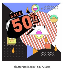 Summer sale memphis style web banner. Fashion and travel discount. Vector holiday Abstract colorful illustration with special offers and promotion.