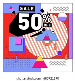 Summer sale memphis style web banner. Fashion and travel discount. Vector holiday Abstract colorful illustration with special offers and promotion.