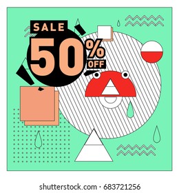 Summer sale memphis style web banner. Fashion and travel discount. Vector holiday Abstract colorful illustration with special offers and promotion.