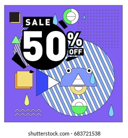 Summer sale memphis style web banner. Fashion and travel discount. Vector holiday Abstract colorful illustration with special offers and promotion.