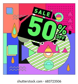 Summer sale memphis style web banner. Fashion and travel discount. Vector holiday Abstract colorful illustration with special offers and promotion.