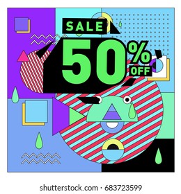 Summer sale memphis style web banner. Fashion and travel discount. Vector holiday Abstract colorful illustration with special offers and promotion.