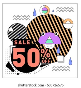 Summer sale memphis style web banner. Fashion and travel discount. Vector holiday Abstract colorful illustration with special offers and promotion.