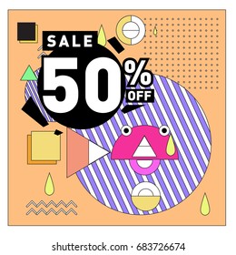 Summer sale memphis style web banner. Fashion and travel discount. Vector holiday Abstract colorful illustration with special offers and promotion.