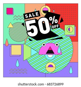 Summer sale memphis style web banner. Fashion and travel discount. Vector holiday Abstract colorful illustration with special offers and promotion.