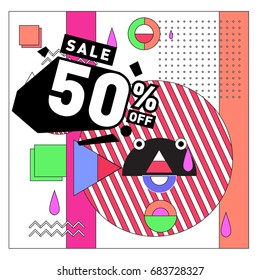 Summer sale memphis style web banner. Fashion and travel discount. Vector holiday Abstract colorful illustration with special offers and promotion.