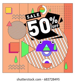 Summer sale memphis style web banner. Fashion and travel discount. Vector holiday Abstract colorful illustration with special offers and promotion.