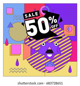 Summer sale memphis style web banner. Fashion and travel discount. Vector holiday Abstract colorful illustration with special offers and promotion.