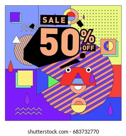 Summer sale memphis style web banner. Fashion and travel discount. Vector holiday Abstract colorful illustration with special offers and promotion.