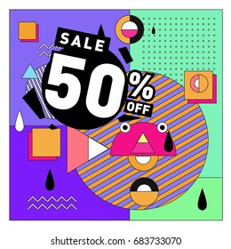 Summer sale memphis style web banner. Fashion and travel discount. Vector holiday Abstract colorful illustration with special offers and promotion.