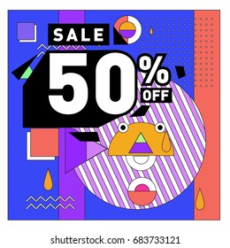 Summer sale memphis style web banner. Fashion and travel discount. Vector holiday Abstract colorful illustration with special offers and promotion.