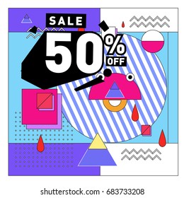 Summer sale memphis style web banner. Fashion and travel discount. Vector holiday Abstract colorful illustration with special offers and promotion.