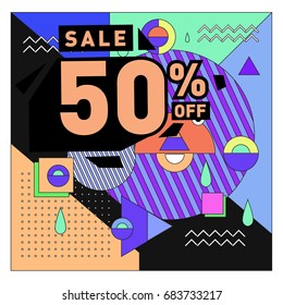 Summer sale memphis style web banner. Fashion and travel discount. Vector holiday Abstract colorful illustration with special offers and promotion.