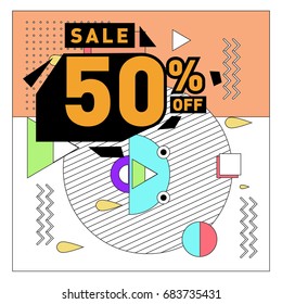 Summer sale memphis style web banner. Fashion and travel discount. Vector holiday Abstract colorful illustration with special offers and promotion.