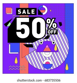 Summer sale memphis style web banner. Fashion and travel discount. Vector holiday Abstract colorful illustration with special offers and promotion.