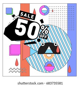 Summer sale memphis style web banner. Fashion and travel discount. Vector holiday Abstract colorful illustration with special offers and promotion.