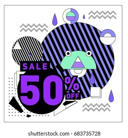 Summer sale memphis style web banner. Fashion and travel discount. Vector holiday Abstract colorful illustration with special offers and promotion.