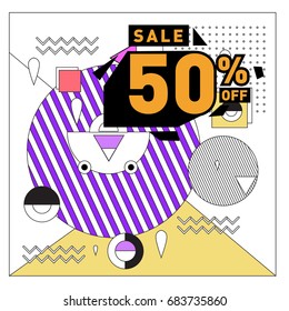 Summer sale memphis style web banner. Fashion and travel discount. Vector holiday Abstract colorful illustration with special offers and promotion.